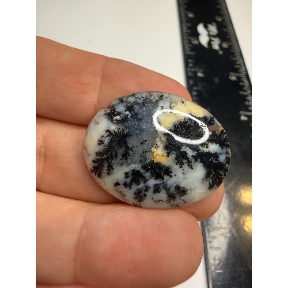 Dendritic Agate Oval Brooch Pin Natural Stone Milky White Black Tree Inclusions